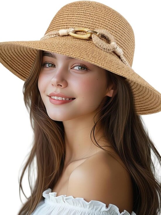 Women\'s Beach Sun Straw HatsUPF 50+ UV Sun Protection Wide Brim Buckle Khaki main image 6